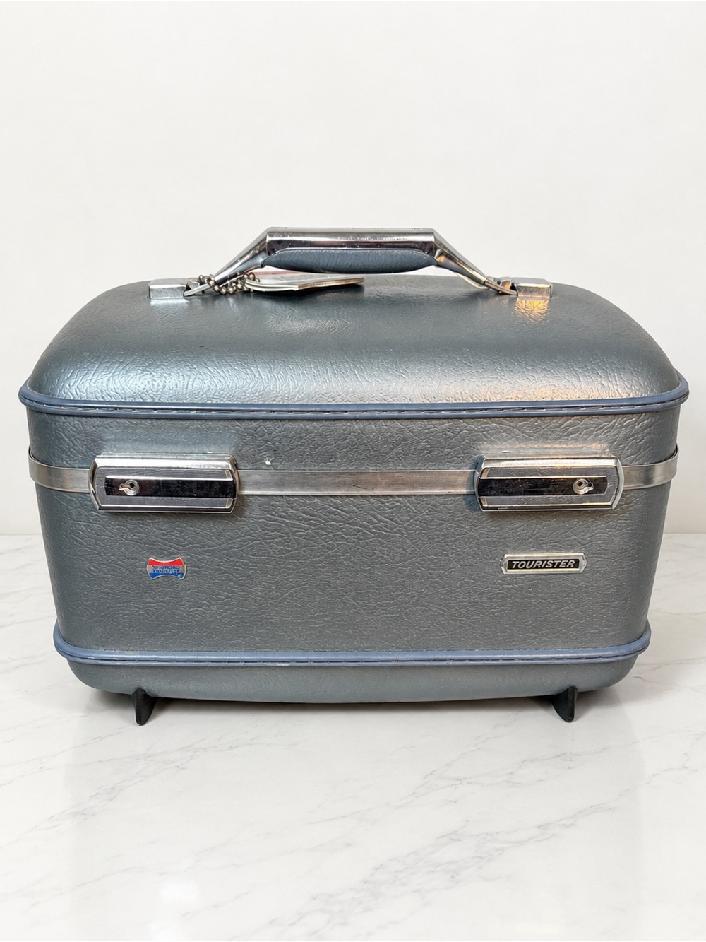 Vintage American Tourister Train Case Gray Blue Silver Cosmetic Vanity Luggage